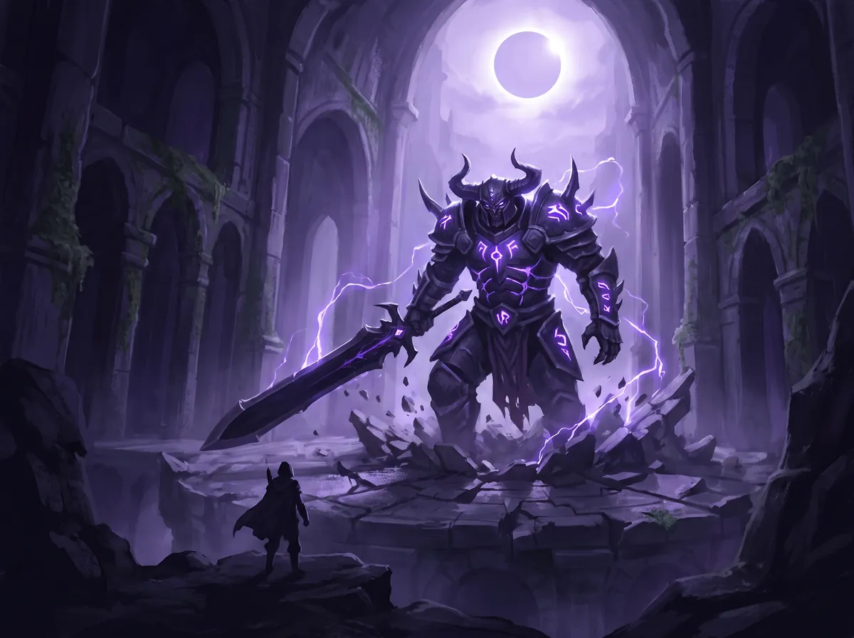 An armoured demon king boss towering over a lone adventurer