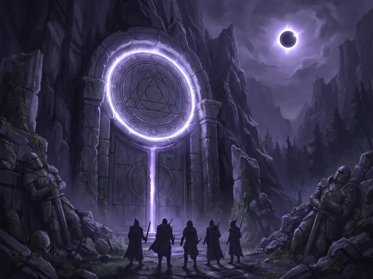 A party of five before a sealed raid gate