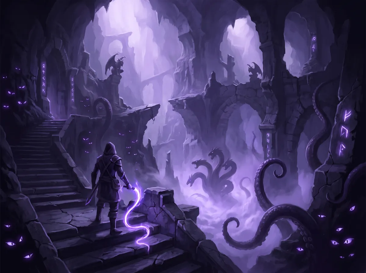 A hooded slayer descending into a dungeon